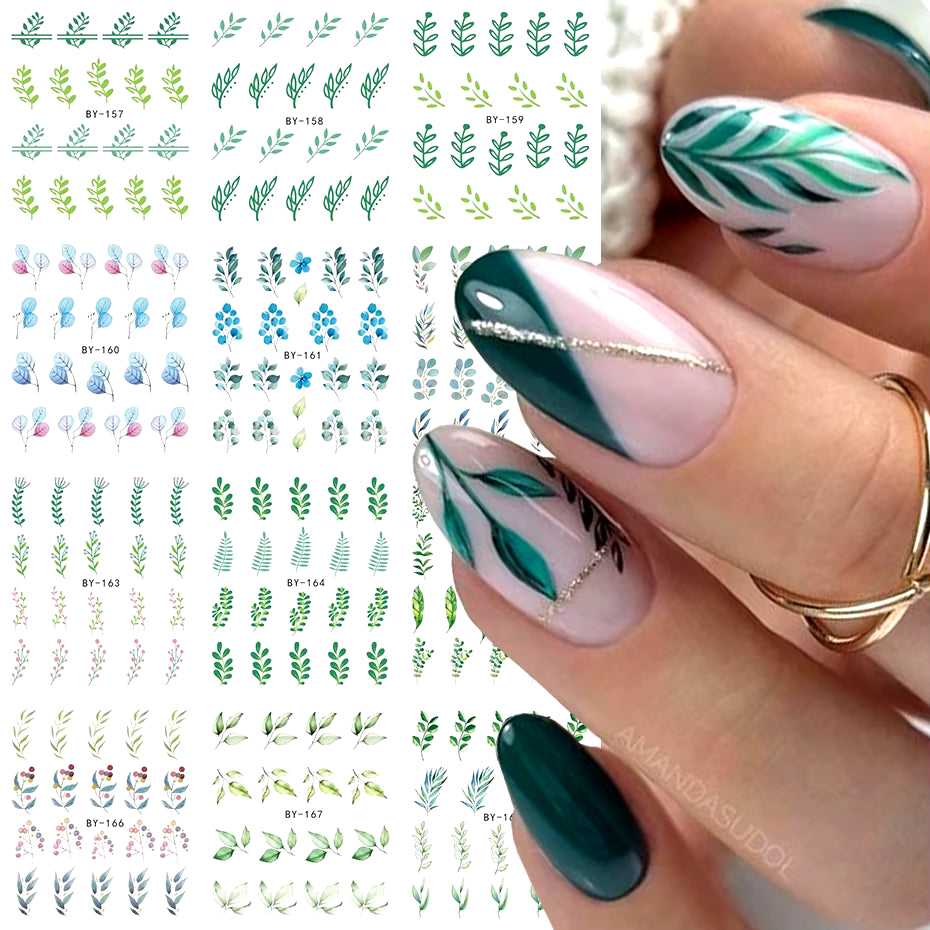 12 Pcs Nail Sticker Set Summer Water Decal Nail Art Ink Flowers Leaves Graffiti Slider for Nail Decoration Foils Tattoo