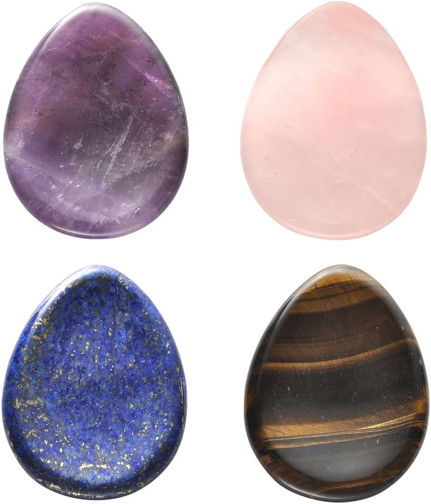 Crystaltears 4 PCS Thumb Worry Stone-Amethyst Rose Quartz Lapis Lazuli Tiger'S Eye Healing Crystal Pocket Palm Stone