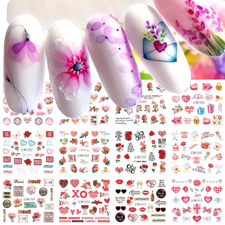 12 Pcs Nail Sticker Set Summer Water Decal Nail Art Ink Flowers Leaves Graffiti Slider for Nail Decoration Foils Tattoo