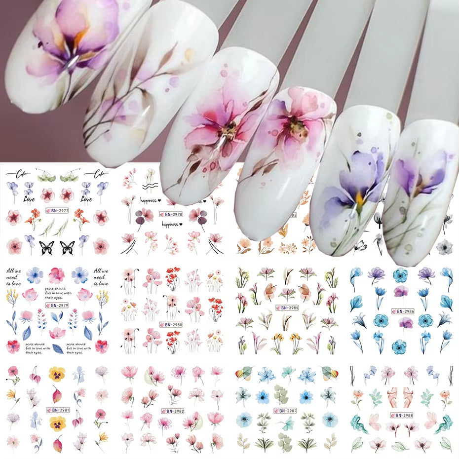 12 Pcs Nail Sticker Set Summer Water Decal Nail Art Ink Flowers Leaves Graffiti Slider for Nail Decoration Foils Tattoo