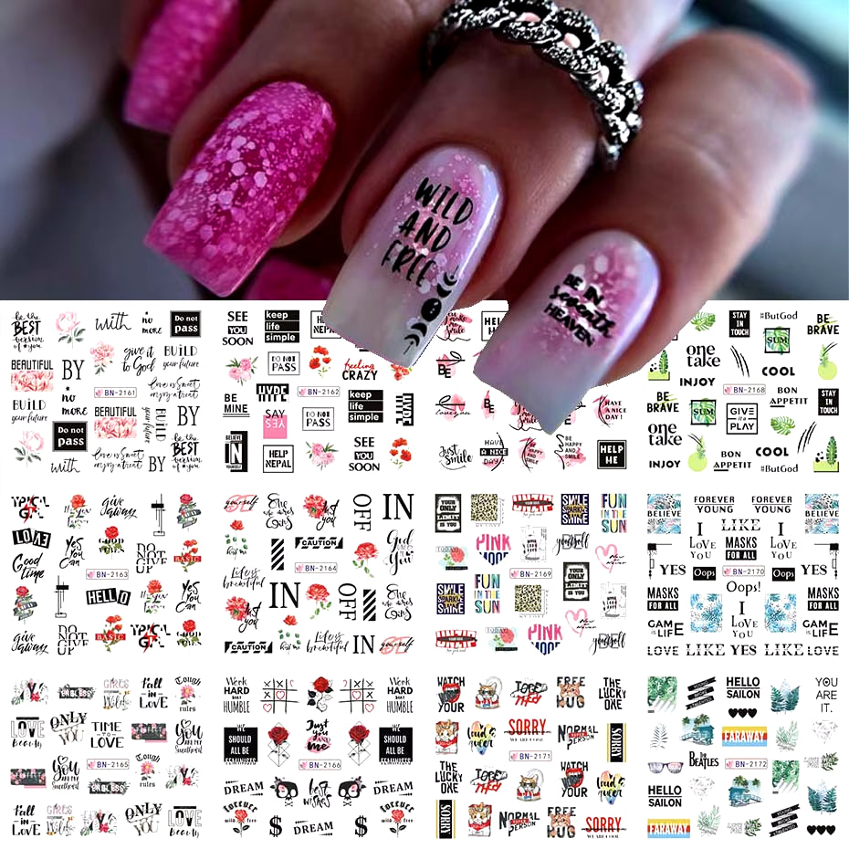 12 Pcs Nail Sticker Set Summer Water Decal Nail Art Ink Flowers Leaves Graffiti Slider for Nail Decoration Foils Tattoo