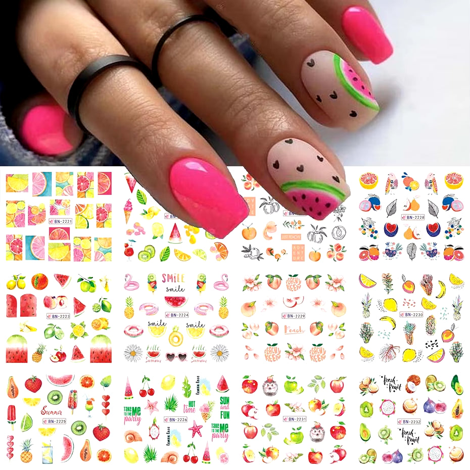 12 Pcs Nail Sticker Set Summer Water Decal Nail Art Ink Flowers Leaves Graffiti Slider for Nail Decoration Foils Tattoo