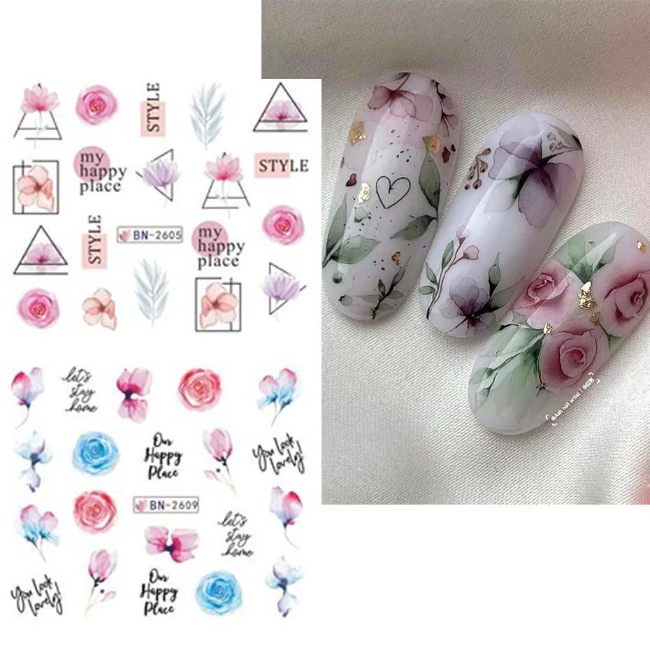 12 Pcs Nail Sticker Set Summer Water Decal Nail Art Ink Flowers Leaves Graffiti Slider for Nail Decoration Foils Tattoo