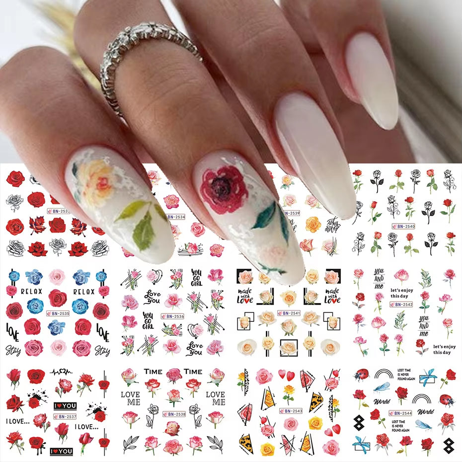 12 Pcs Nail Sticker Set Summer Water Decal Nail Art Ink Flowers Leaves Graffiti Slider for Nail Decoration Foils Tattoo