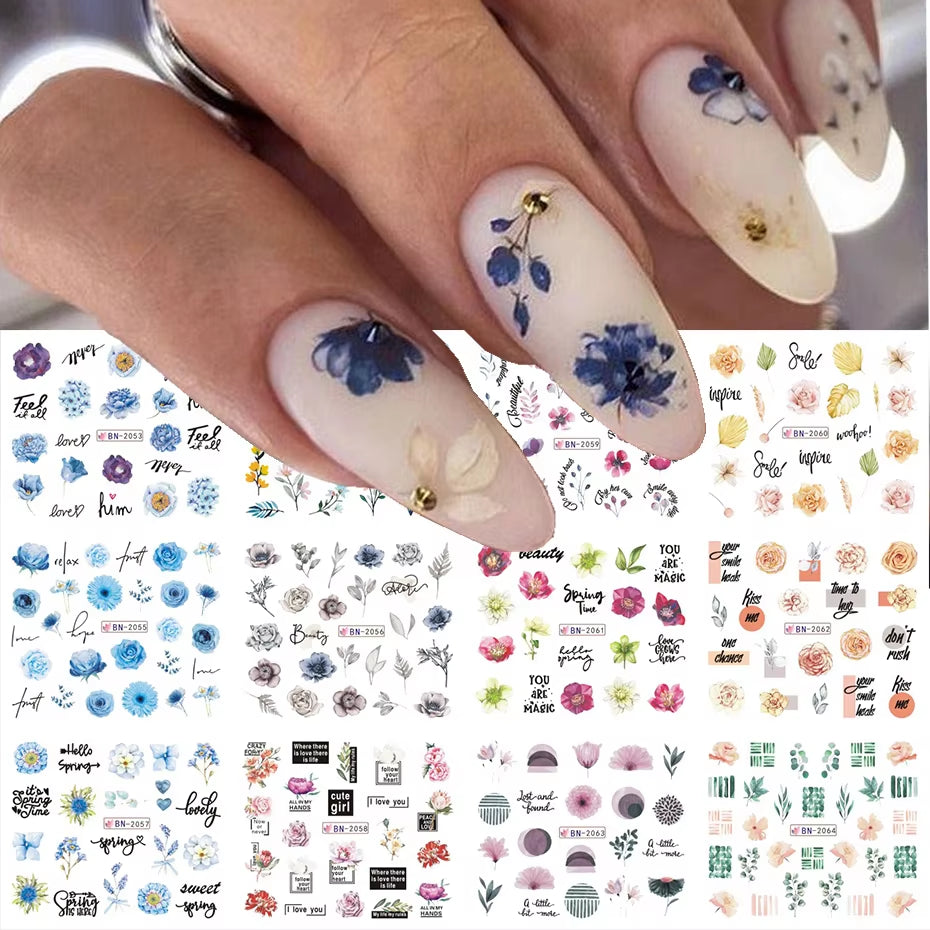 12 Pcs Nail Sticker Set Summer Water Decal Nail Art Ink Flowers Leaves Graffiti Slider for Nail Decoration Foils Tattoo