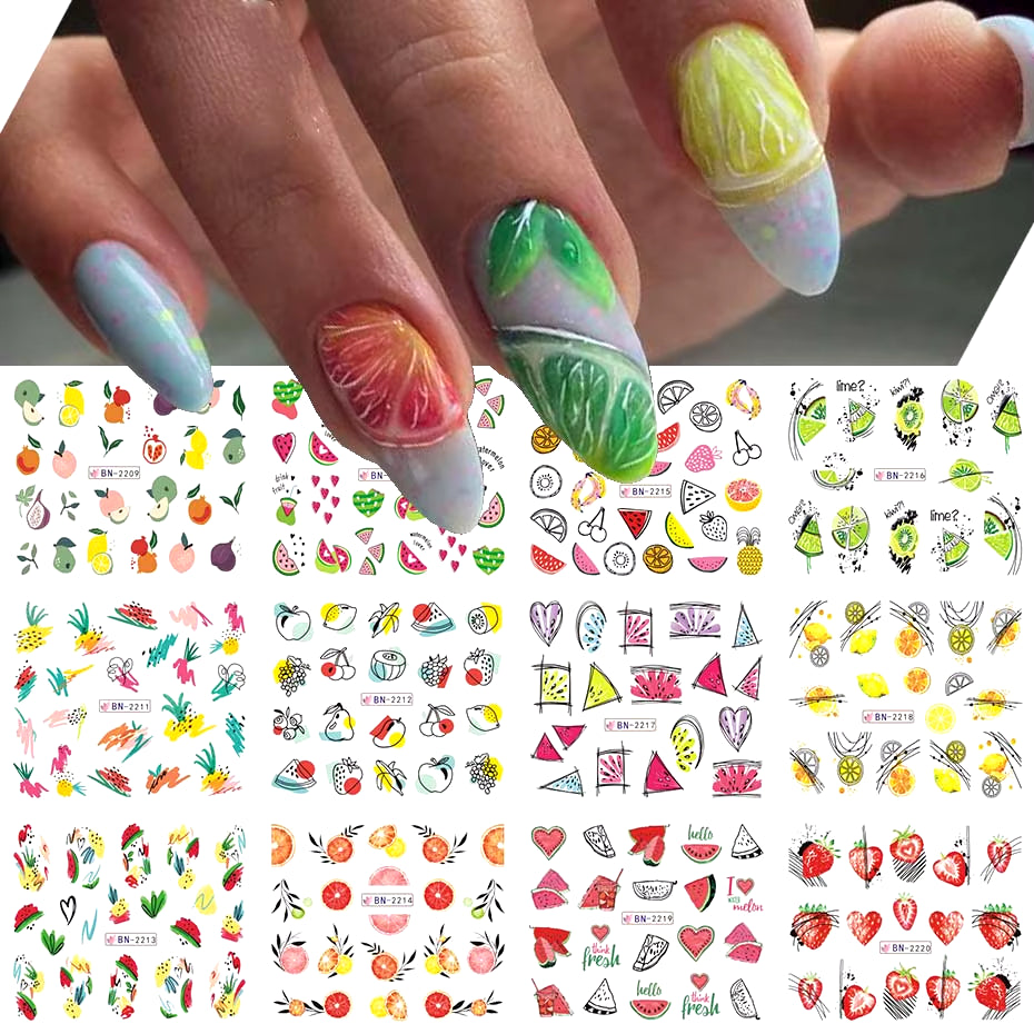 12 Pcs Nail Sticker Set Summer Water Decal Nail Art Ink Flowers Leaves Graffiti Slider for Nail Decoration Foils Tattoo