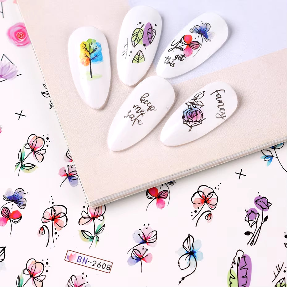 12 Pcs Nail Sticker Set Summer Water Decal Nail Art Ink Flowers Leaves Graffiti Slider for Nail Decoration Foils Tattoo