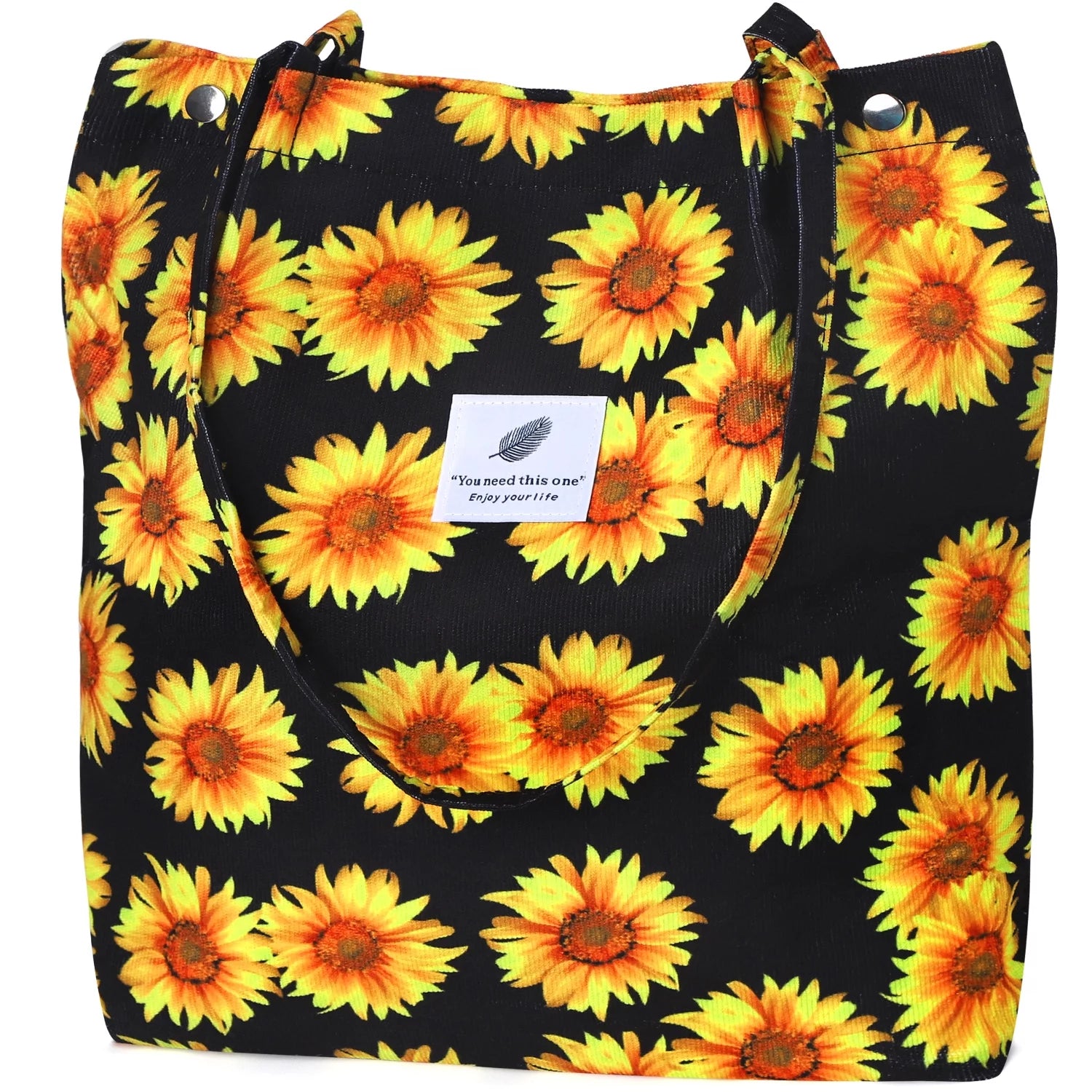 Corduroy Tote Bag for Women Girl Canvas Shoulder Cord Purse with Inner Pocket (Sunflowers)