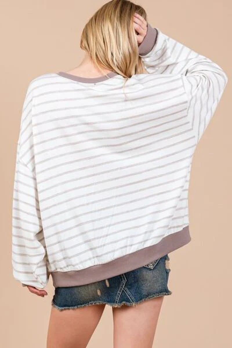 Ces Femme Striped round Neck Drop Shoulder Sweatshirt