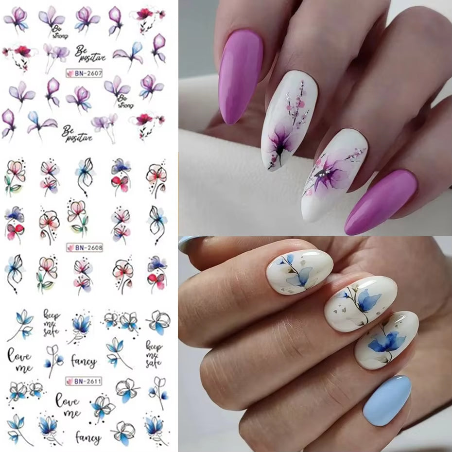 12 Pcs Nail Sticker Set Summer Water Decal Nail Art Ink Flowers Leaves Graffiti Slider for Nail Decoration Foils Tattoo