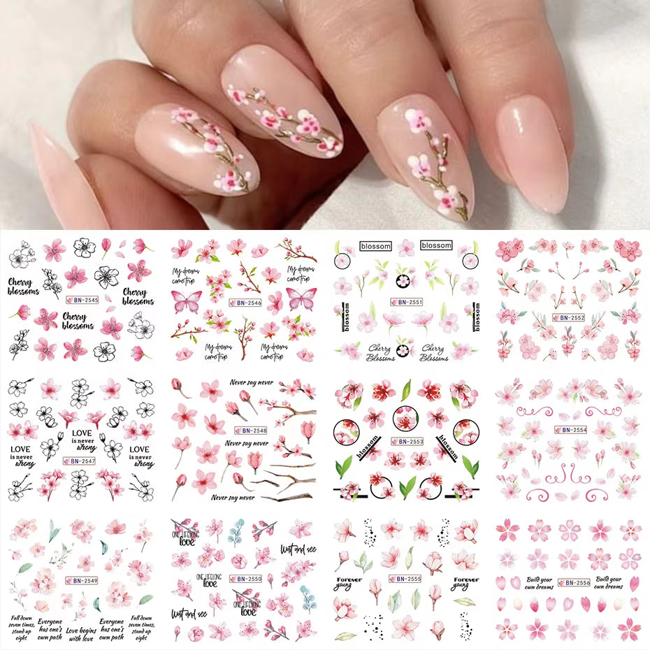 12 Pcs Nail Sticker Set Summer Water Decal Nail Art Ink Flowers Leaves Graffiti Slider for Nail Decoration Foils Tattoo