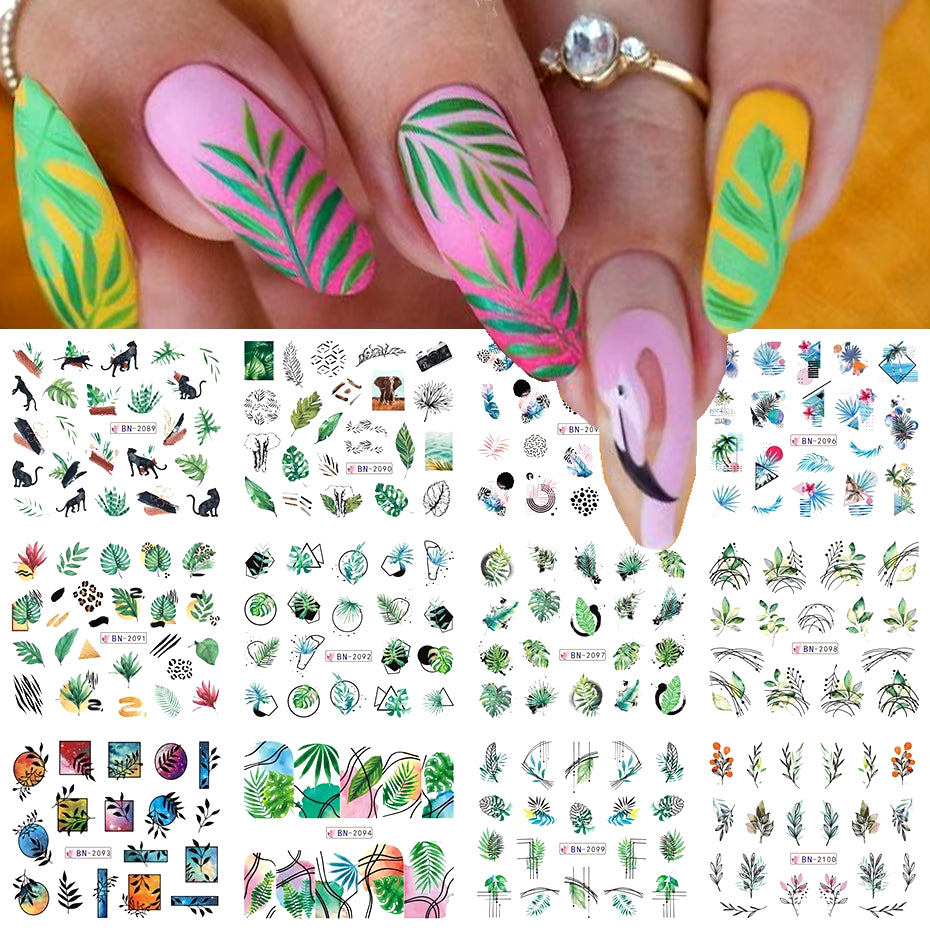 12 Pcs Nail Sticker Set Summer Water Decal Nail Art Ink Flowers Leaves Graffiti Slider for Nail Decoration Foils Tattoo