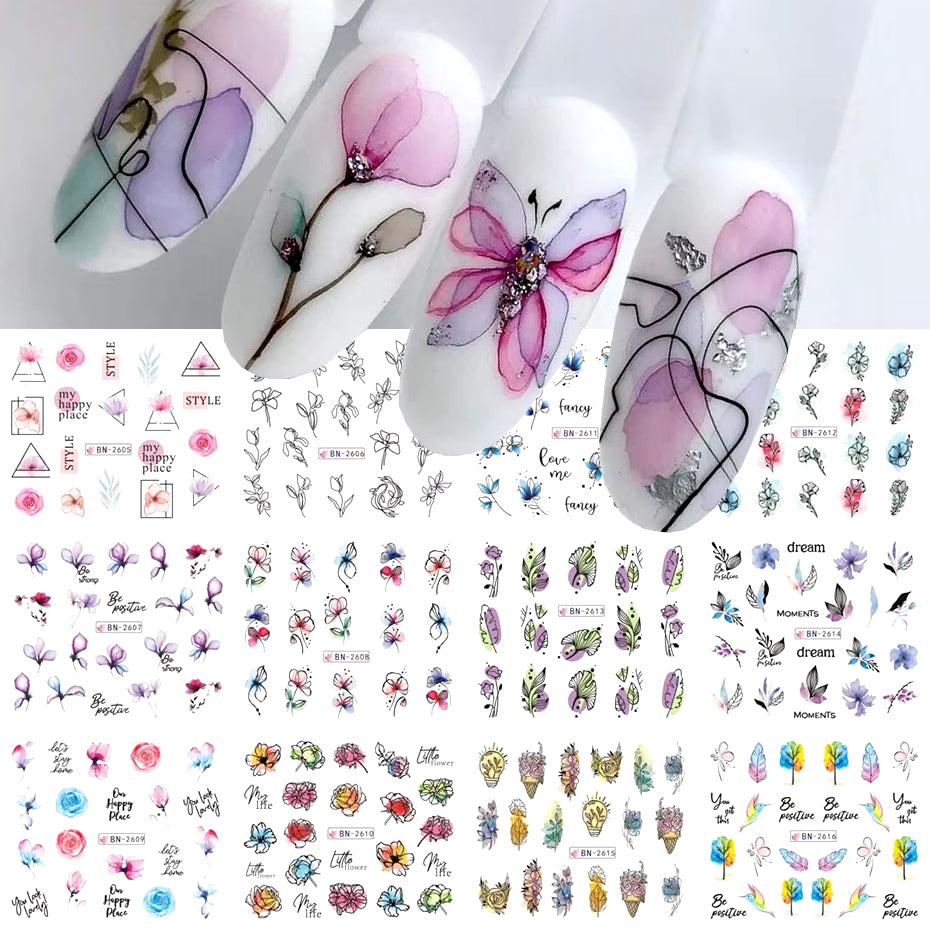 12 Pcs Nail Sticker Set Summer Water Decal Nail Art Ink Flowers Leaves Graffiti Slider for Nail Decoration Foils Tattoo