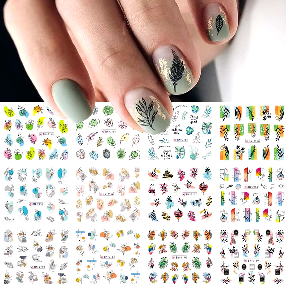 12 Pcs Nail Sticker Set Summer Water Decal Nail Art Ink Flowers Leaves Graffiti Slider for Nail Decoration Foils Tattoo