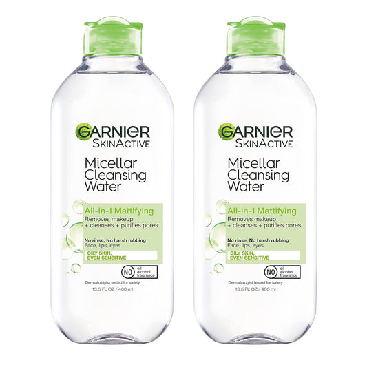 Garnier Micellar Water for Oily Skin, Facial Cleanser & Makeup Remover, Mattifying, for All Skin Types, Vegan, Cruelty Free, 13.5 Fl Oz (400Ml), 2 Count