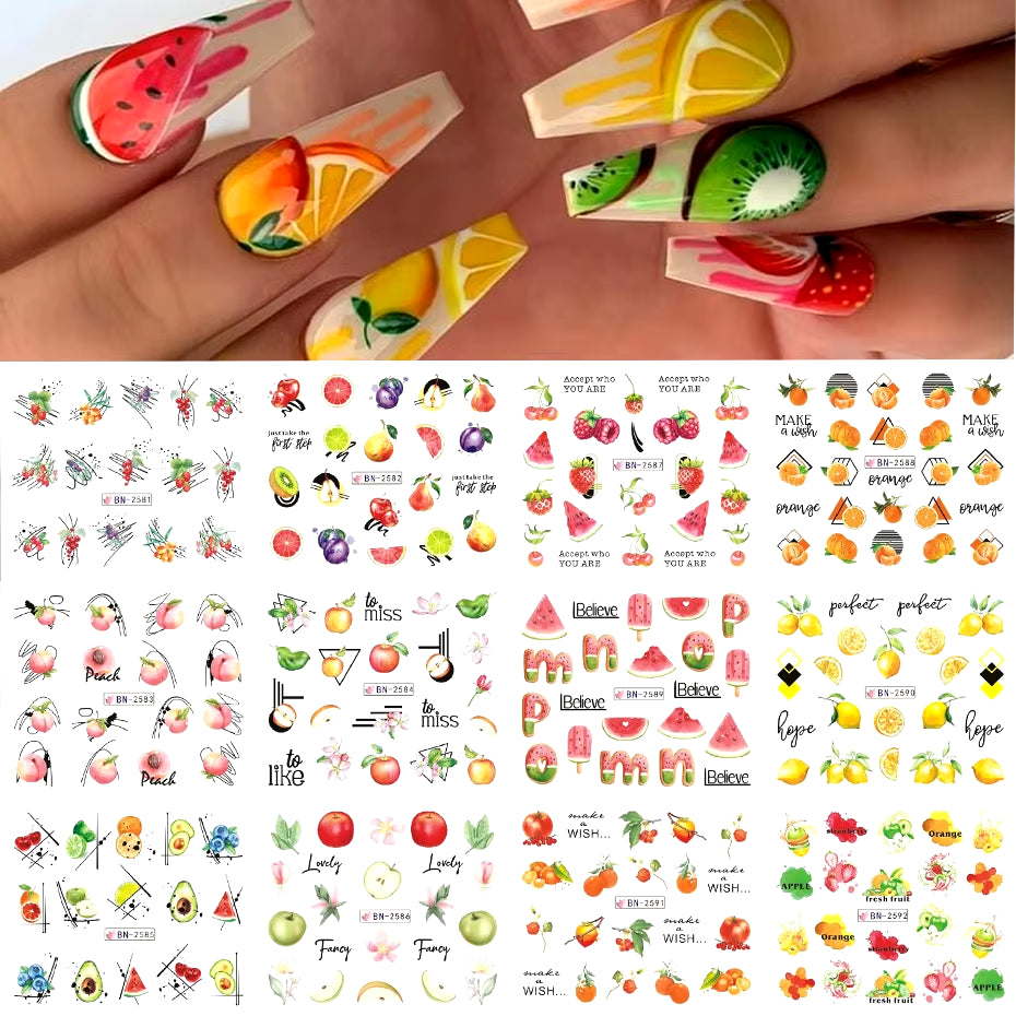 12 Pcs Nail Sticker Set Summer Water Decal Nail Art Ink Flowers Leaves Graffiti Slider for Nail Decoration Foils Tattoo