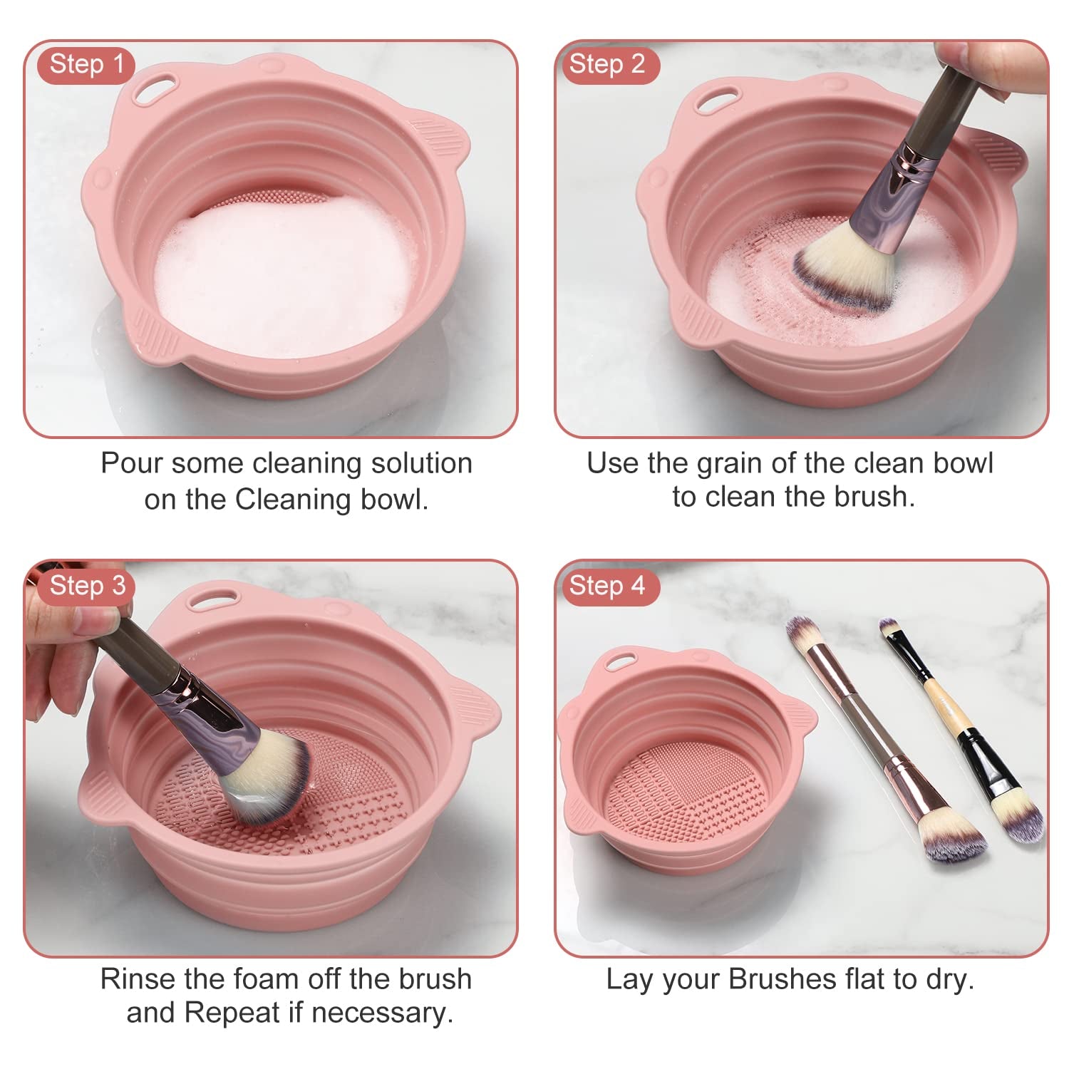 Foldable Silicone Makeup Brush Cleaner Bowl - Etercycle Portable Cleaning Tool for Brushes, Powder Puffs, and Sponges (Pink)