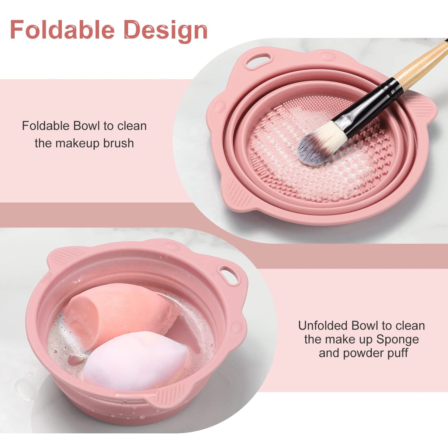 Foldable Silicone Makeup Brush Cleaner Bowl - Etercycle Portable Cleaning Tool for Brushes, Powder Puffs, and Sponges (Pink)