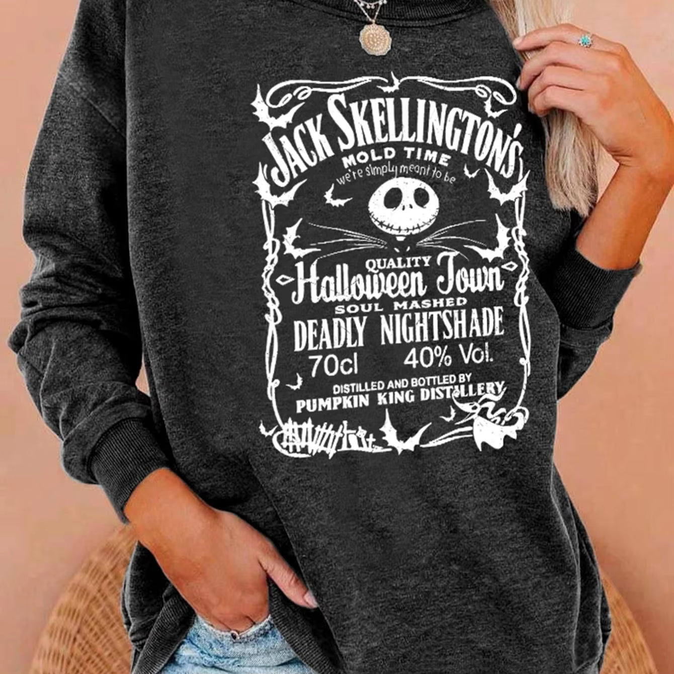 Halloween Print Washed Sweatshirt, Crew Neck Casual Washed Sweatshirt for Winter & Fall, Women'S Clothing