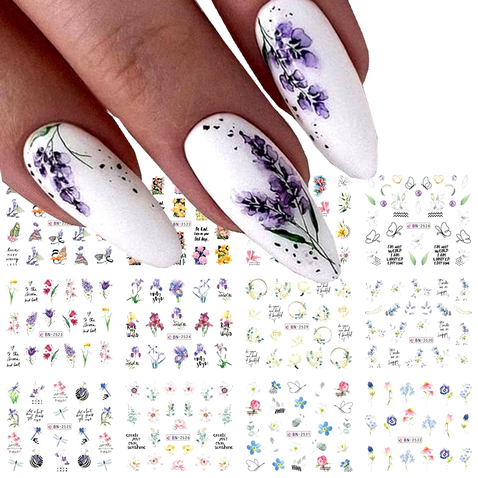 12 Pcs Nail Sticker Set Summer Water Decal Nail Art Ink Flowers Leaves Graffiti Slider for Nail Decoration Foils Tattoo