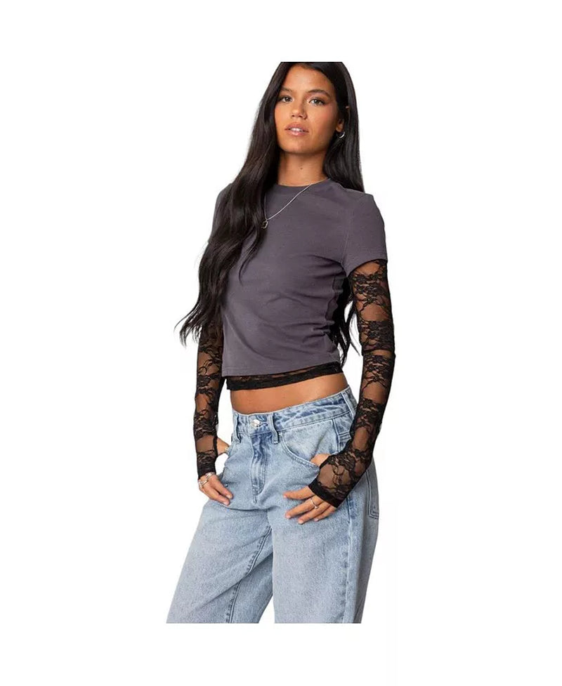 Womens Layered Lace Sleeve T Shirt