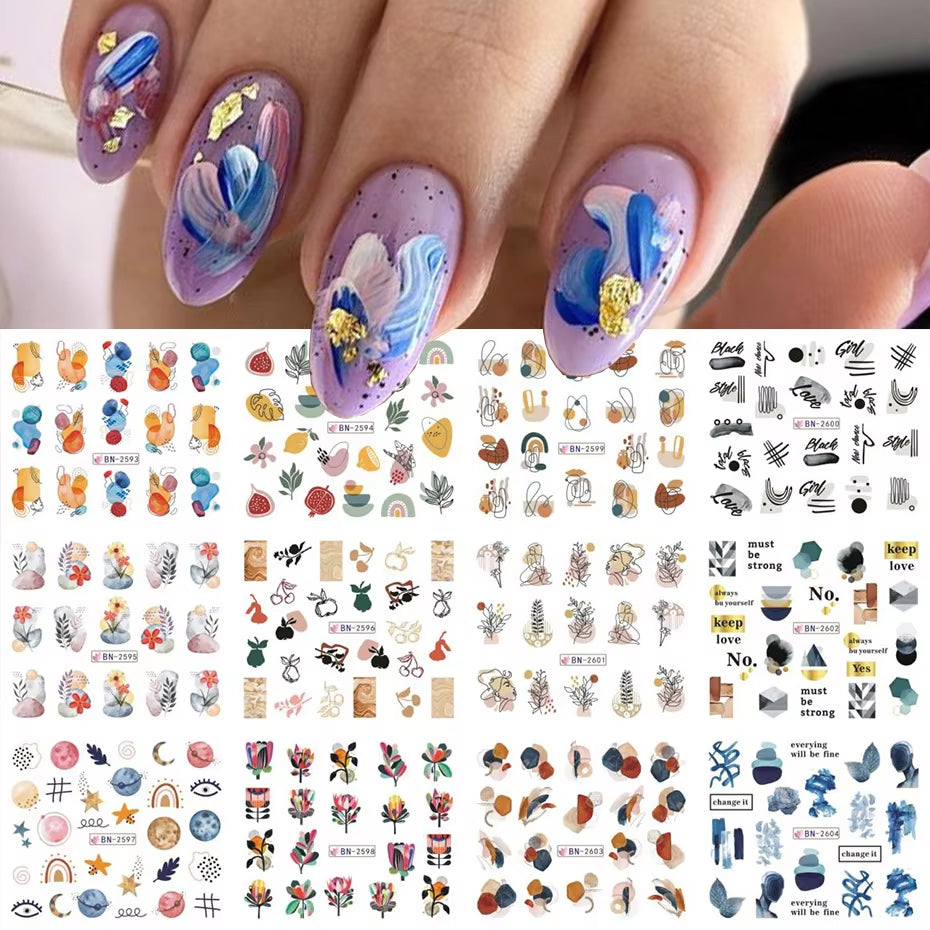 12 Pcs Nail Sticker Set Summer Water Decal Nail Art Ink Flowers Leaves Graffiti Slider for Nail Decoration Foils Tattoo