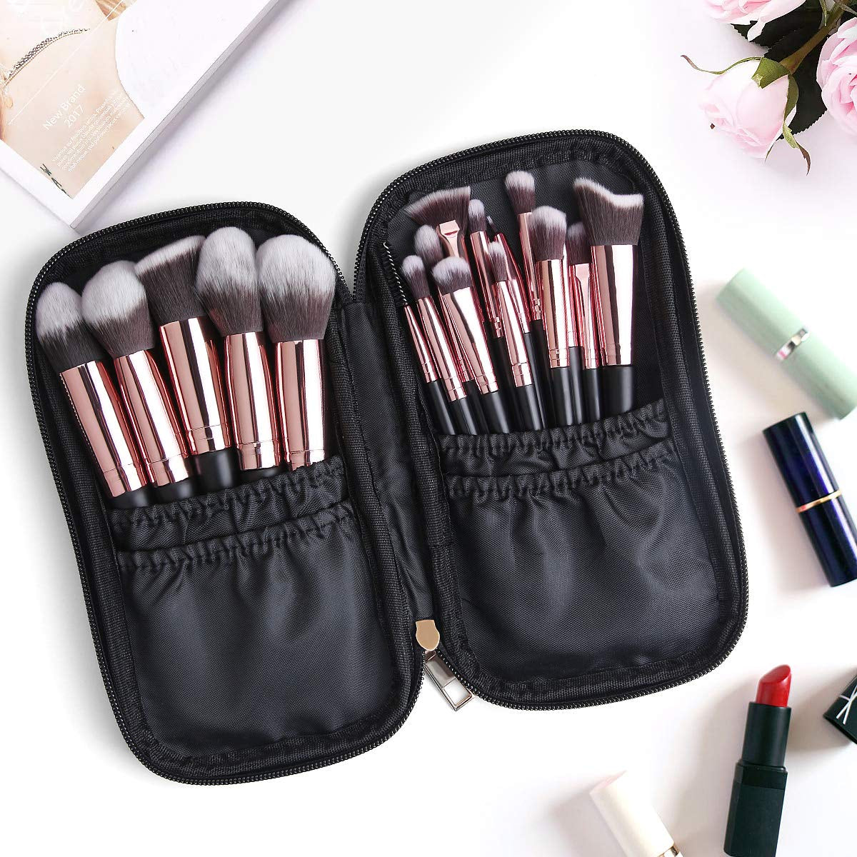 Makeup Brushes, 18 Pcs Professional Premium Synthetic Makeup Brush Set with Case, Foundation Kabuki Eye Travel Make up Brushes Sets (Pink Gold)