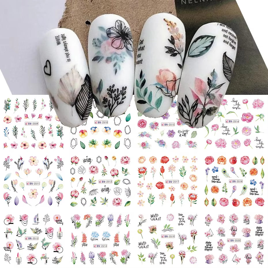 12 Pcs Nail Sticker Set Summer Water Decal Nail Art Ink Flowers Leaves Graffiti Slider for Nail Decoration Foils Tattoo