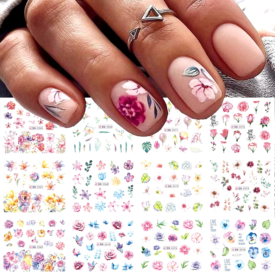 12 Pcs Nail Sticker Set Summer Water Decal Nail Art Ink Flowers Leaves Graffiti Slider for Nail Decoration Foils Tattoo