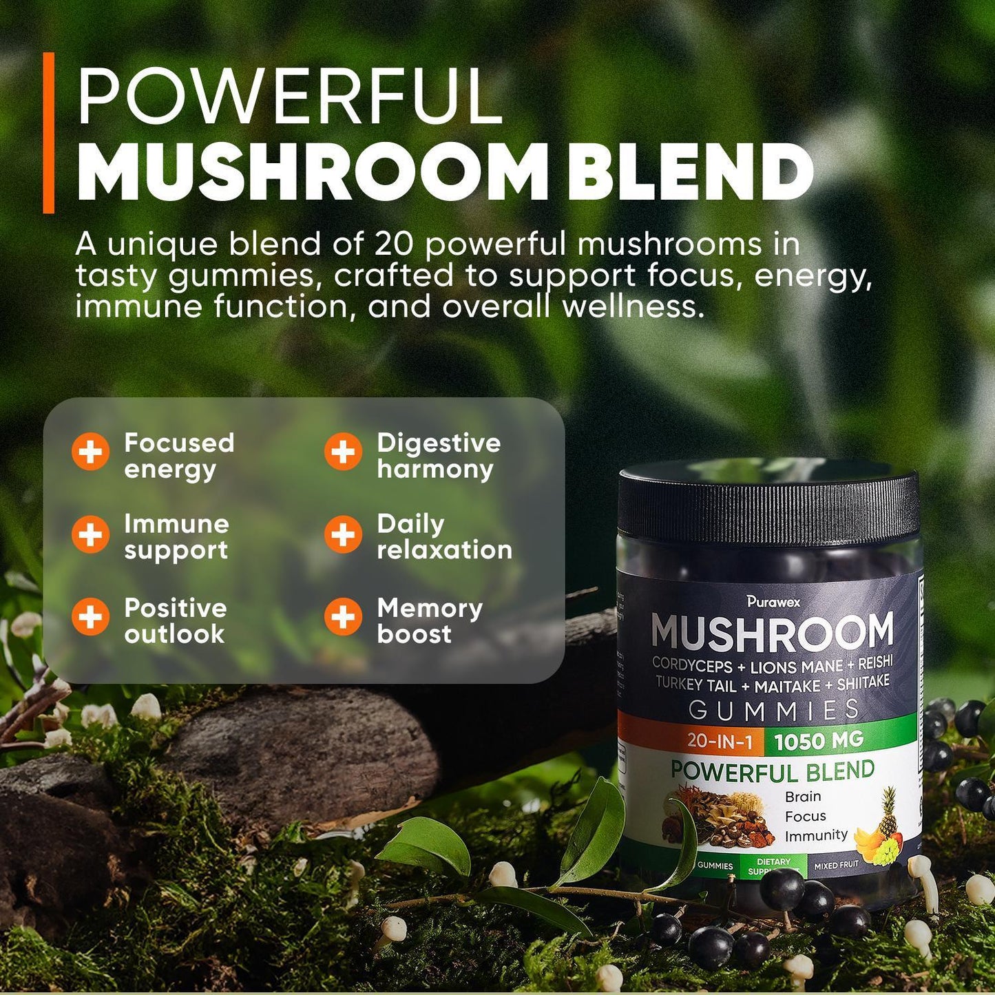 Purawex Mushroom Gummies, 20 in 1 Mushroom Complex 1050 MG, Cordyceps, Reishi,