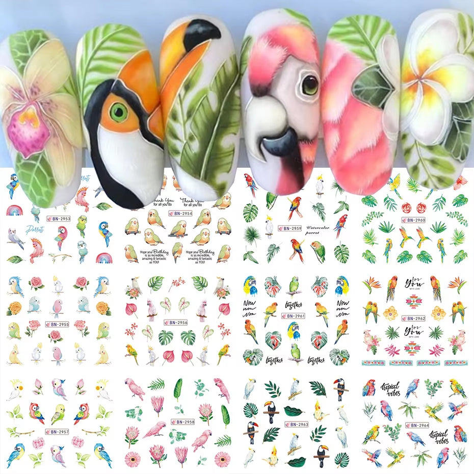 12 Pcs Nail Sticker Set Summer Water Decal Nail Art Ink Flowers Leaves Graffiti Slider for Nail Decoration Foils Tattoo