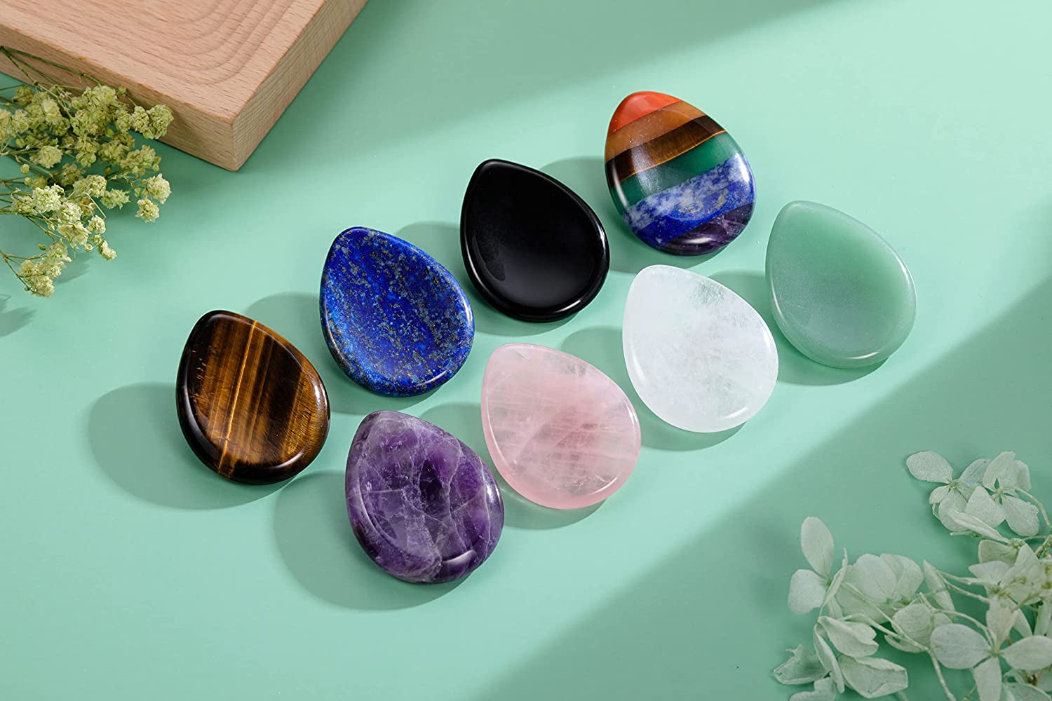 Crystaltears 4 PCS Thumb Worry Stone-Amethyst Rose Quartz Lapis Lazuli Tiger'S Eye Healing Crystal Pocket Palm Stone