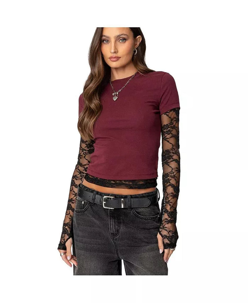 Womens Layered Lace Sleeve T Shirt