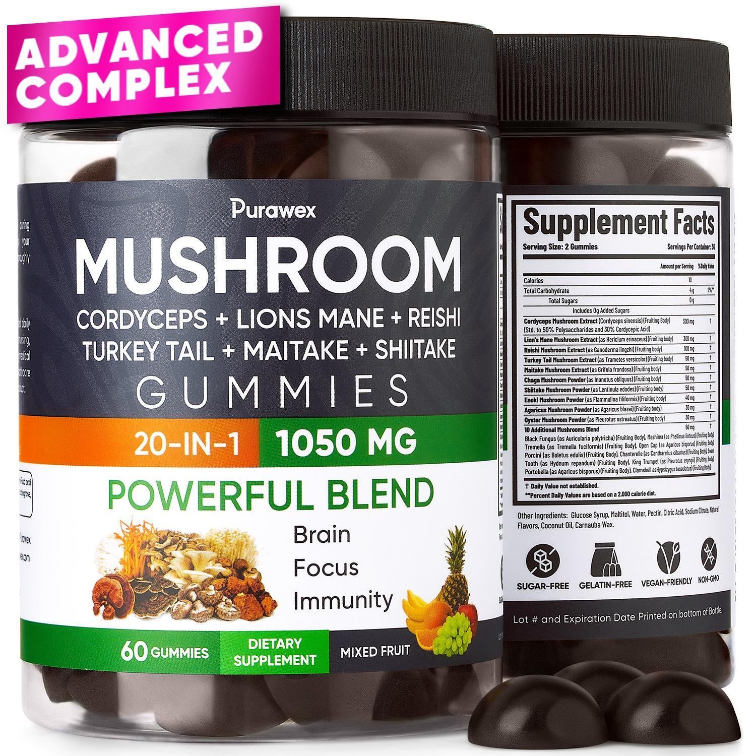 Purawex Mushroom Gummies, 20 in 1 Mushroom Complex 1050 MG, Cordyceps, Reishi,