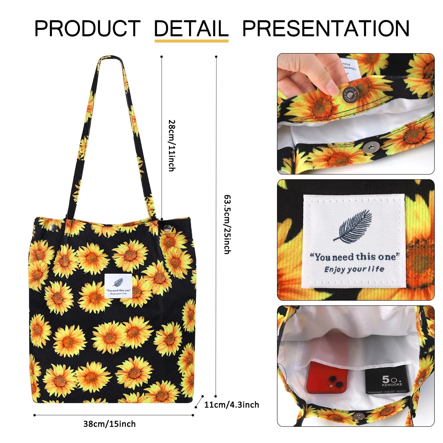 Corduroy Tote Bag for Women Girl Canvas Shoulder Cord Purse with Inner Pocket (Sunflowers)