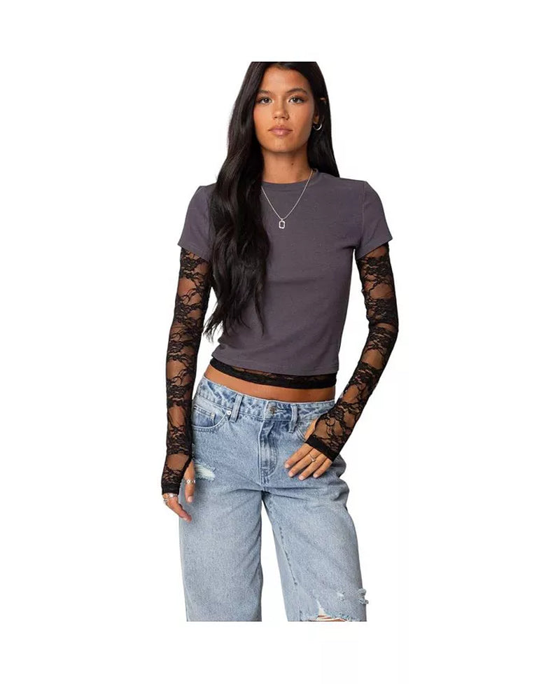 Womens Layered Lace Sleeve T Shirt