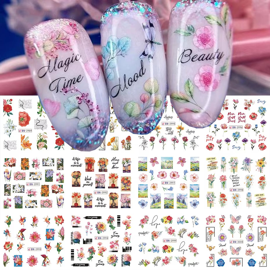 12 Pcs Nail Sticker Set Summer Water Decal Nail Art Ink Flowers Leaves Graffiti Slider for Nail Decoration Foils Tattoo