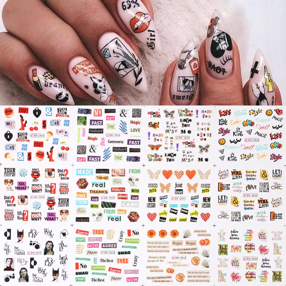 12 Pcs Nail Sticker Set Summer Water Decal Nail Art Ink Flowers Leaves Graffiti Slider for Nail Decoration Foils Tattoo